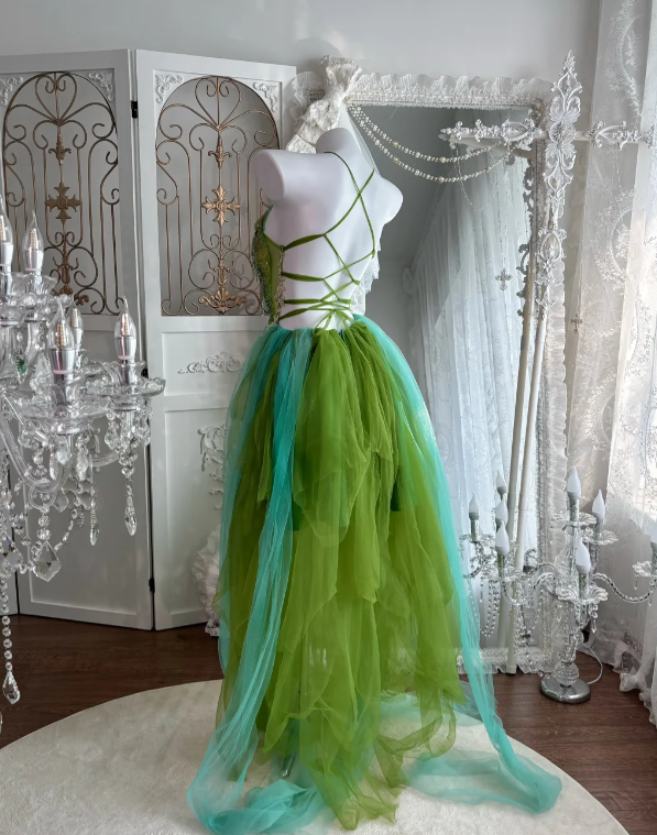 A Line Green Tulle Prom Party Dress Evening Dress Birthday Dress
