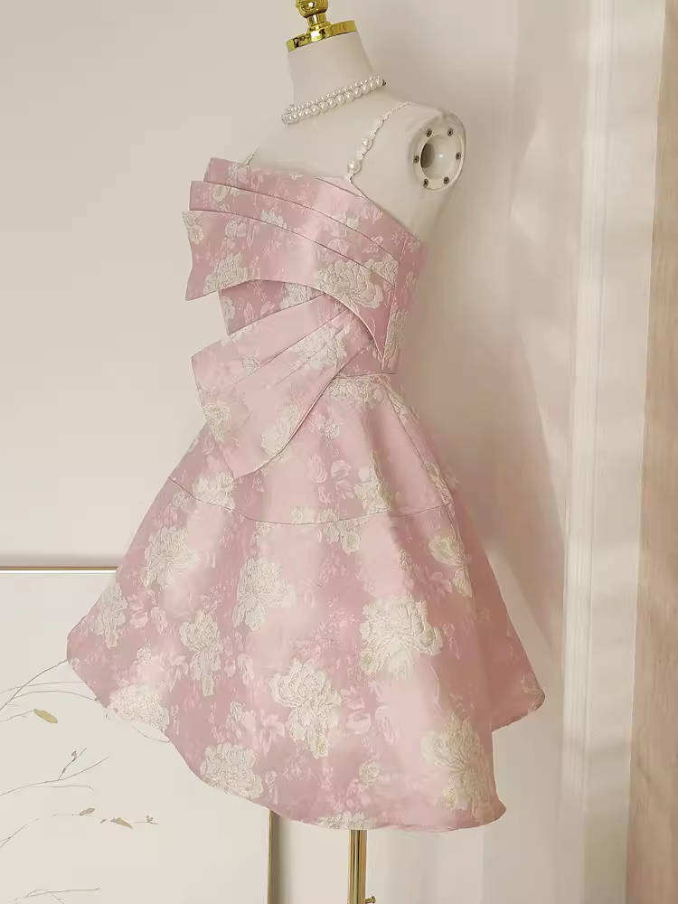 Cute A line Spaghetti Straps Pink Satin Holiday Dresses Short Birthday Dress