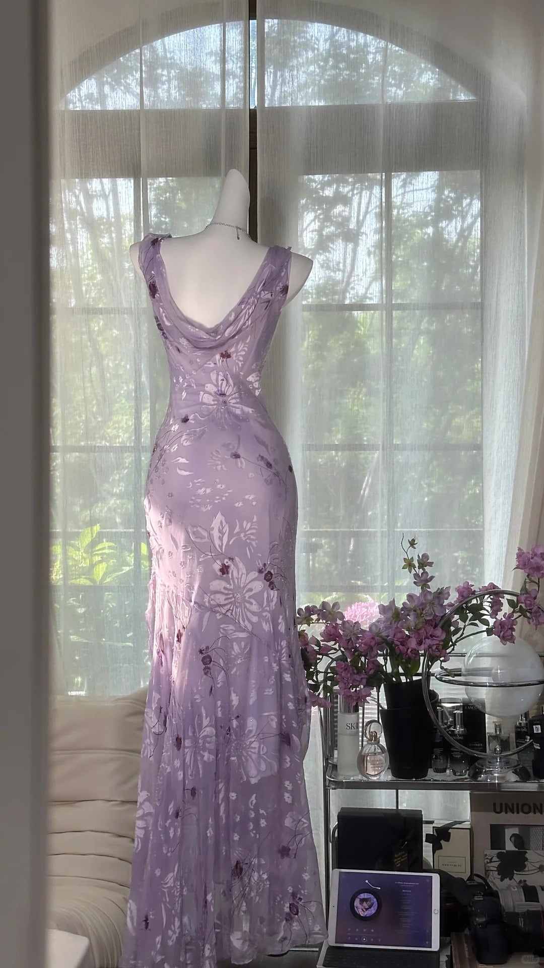 Elegant Purple Mermaid Printed Boat Neck Chiffon Long Prom Dress Evening Dress