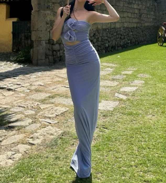 Chic Strapless Purple Sheath Prom Dress Long Party Dress With Flowers