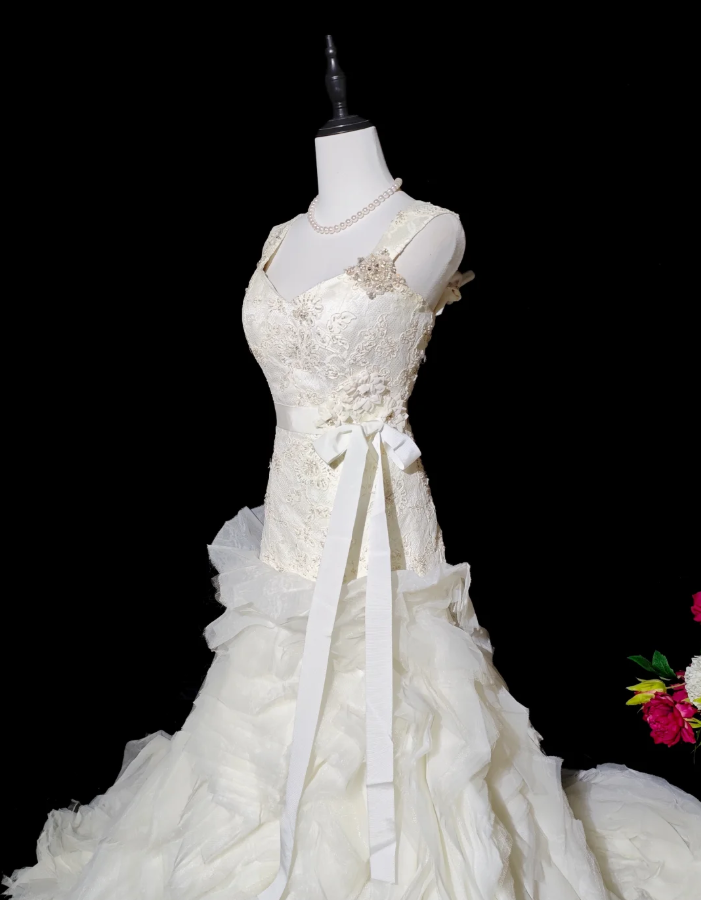 Pretty Spaghetti Straps Satin Appliques Beaded Tulle Pleated Mermaid Long Wedding Dress Bridal Dress