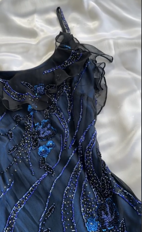 Elegant A Line Spaghetti Straps Navy Blue Chiffon Beads Long Prom Dresses Formal Dress