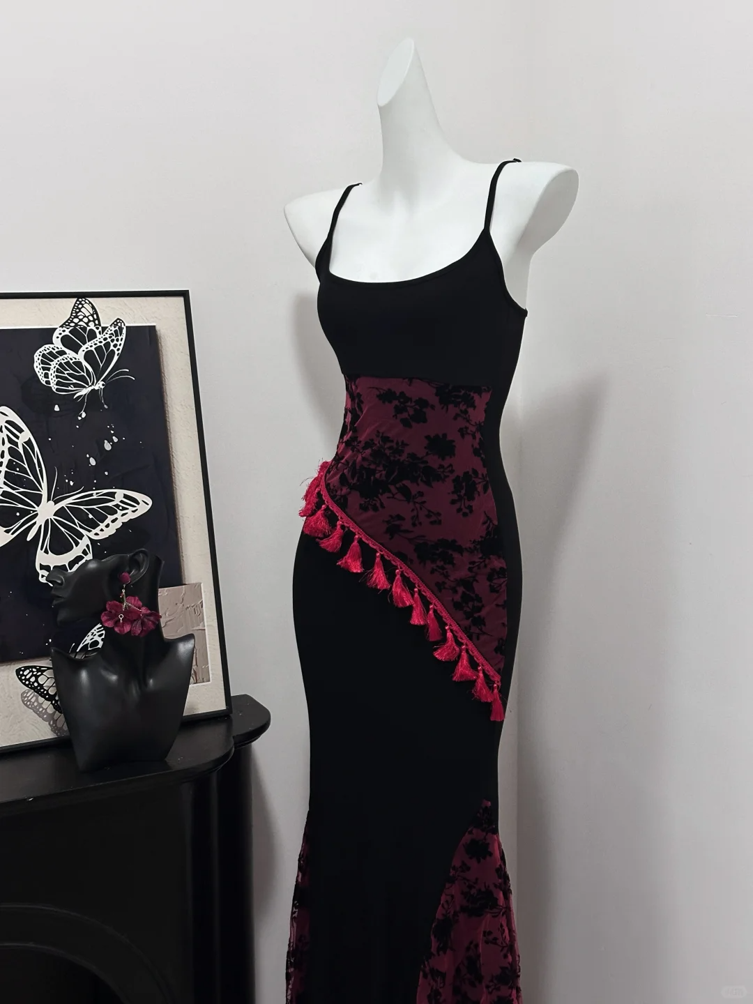 Classy Spaghetti Strap Black Burgundy Sheath Mermaid Birthday Party Dress Evening Gown