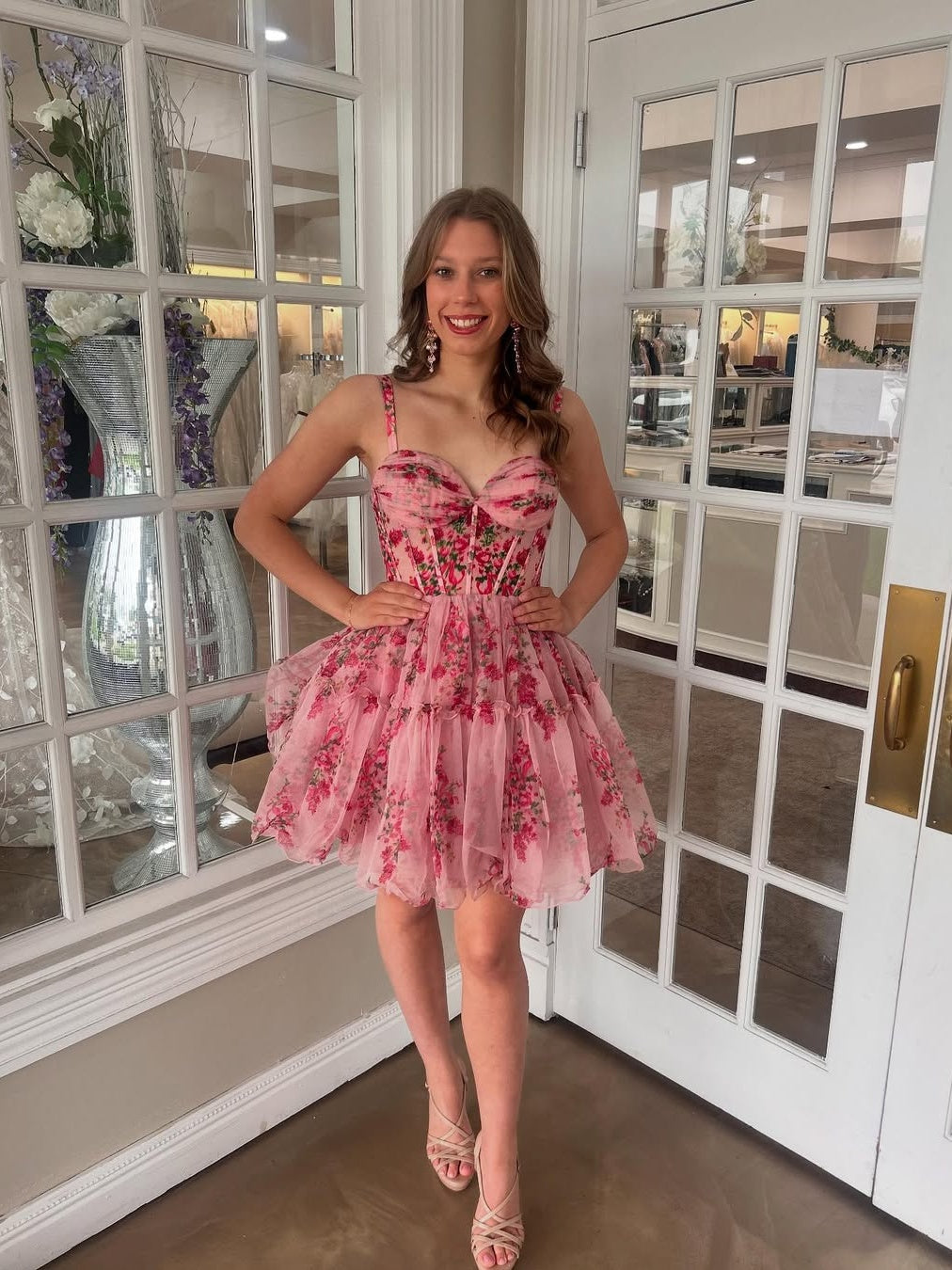 Gorgeous A Line Spaghetti Straps Pink Printed Short Homecoming Dress