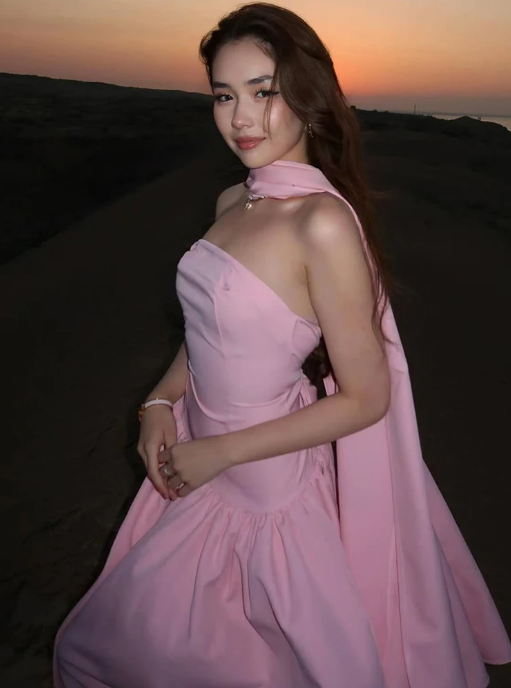 Classy Sleeveless Pink Satin Strapless Long Party Dress Prom Dress With Scarf