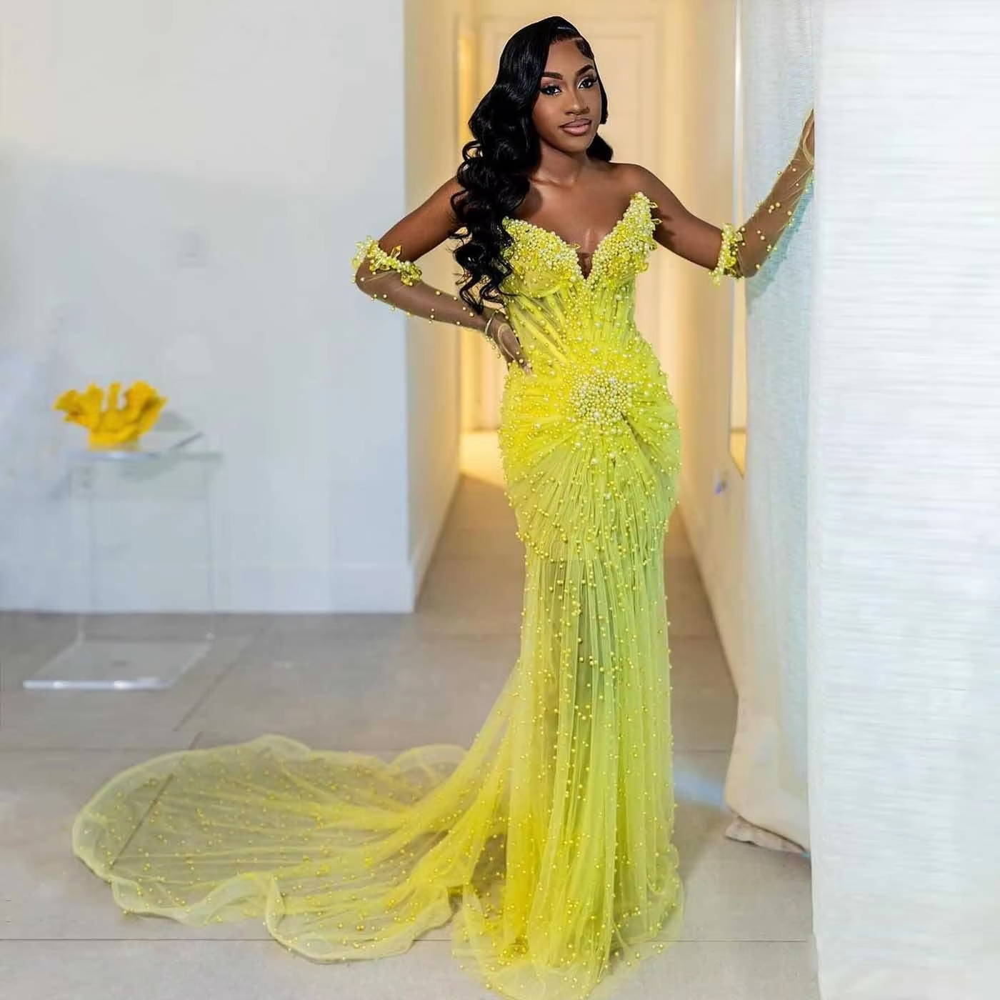 Yellow Luxury Pearls Prom Dresses With Detachable Sleeves Gloves Black Girls V Neck Formal Evening Dress Long Party Dress