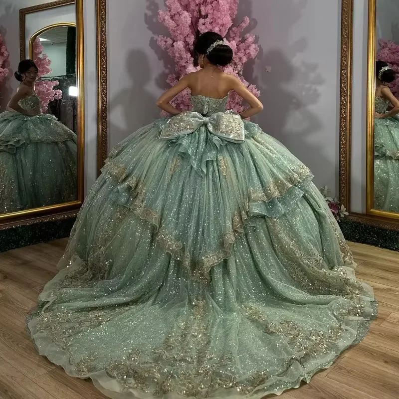 Charming Green Tulle Sequins Gold Appliques Ball Gown,Formal Quinceanera Dress