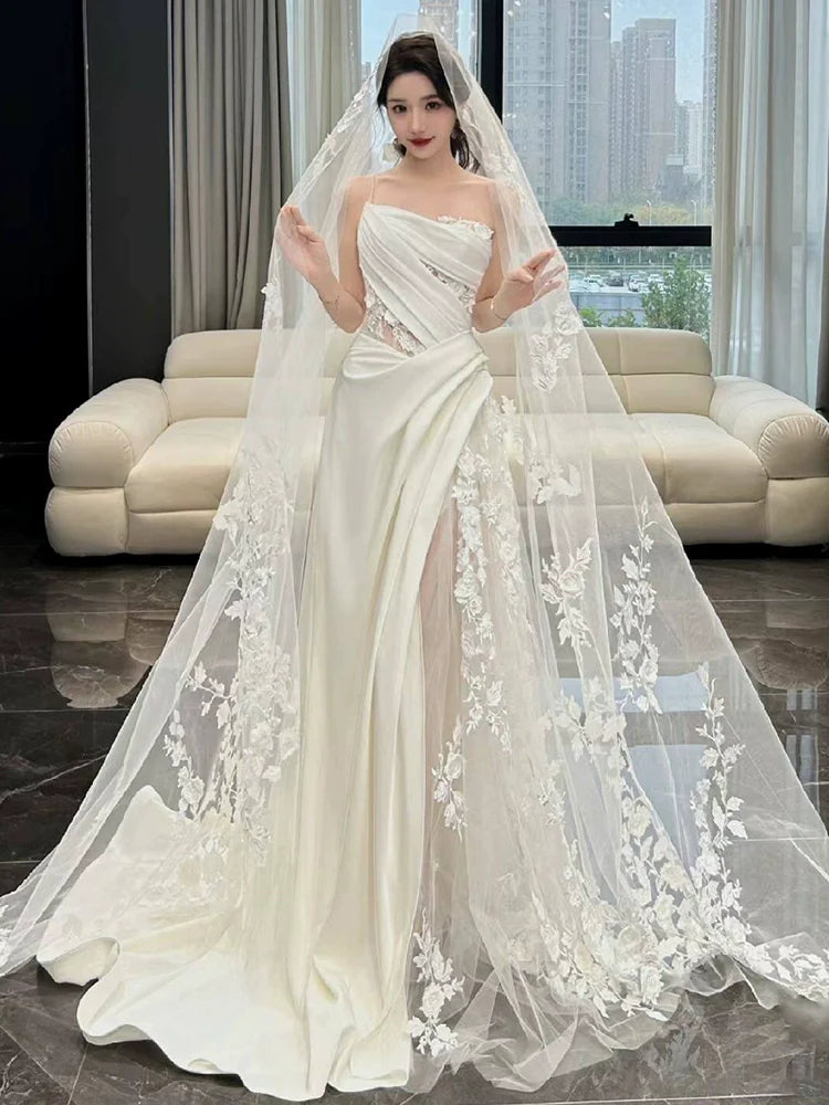 White Tulle Lace Long Wedding Dress Princess Bridal Gown