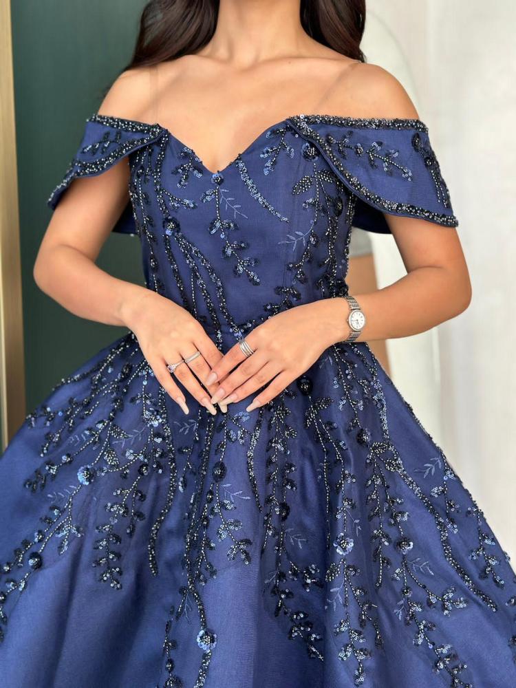 Vintage A line Off The Shoulder Navy Blue Satin Lace Long Evening Dress Prom Dresses