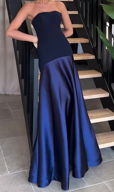 Sexy Strapless Navy Blue Long Prom Dress Formal A Line Evening Dress