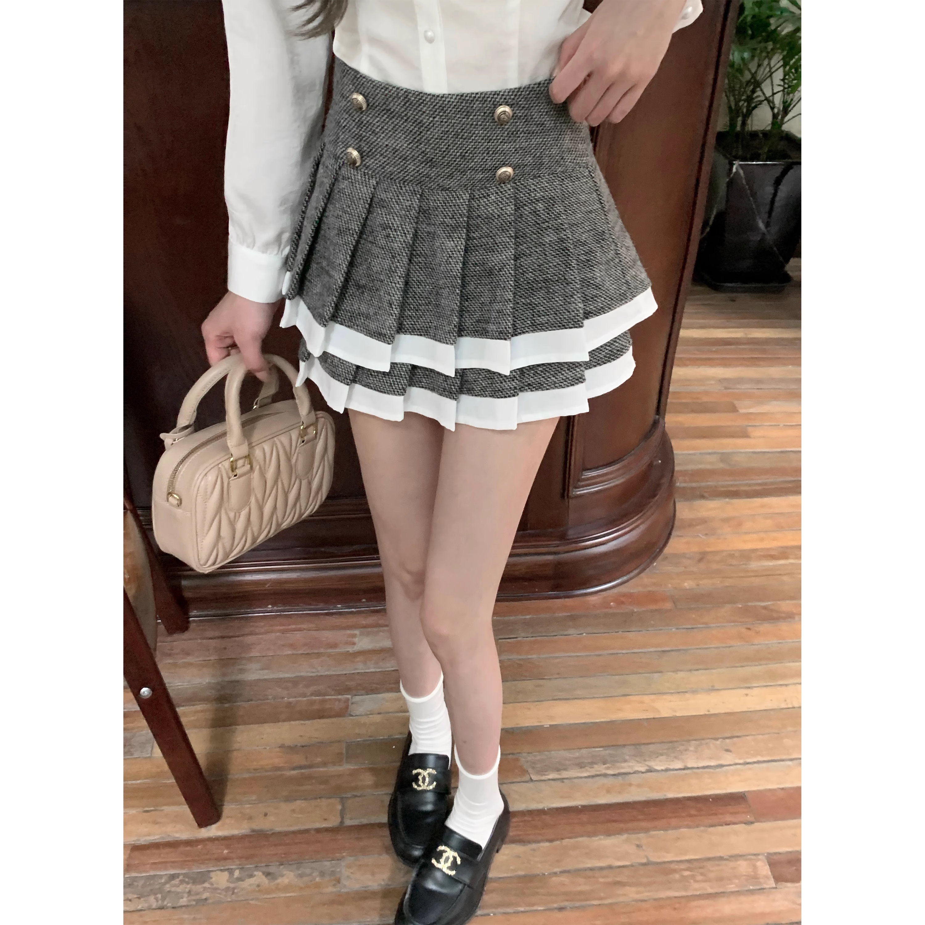 Grey pleated midi skirt for women A128