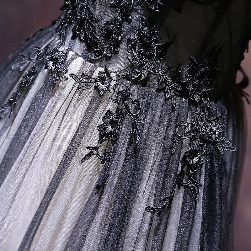 CHIC A-LINE V-NECK FLOOR LENGTH TULLE BLACK APPLIQUE LONG PROM DRESS EVENING DRESS