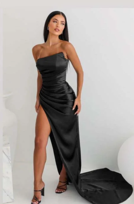 Vintage Sheath Strapless Neckline Slit Satin Long Party Dress Prom Dresses