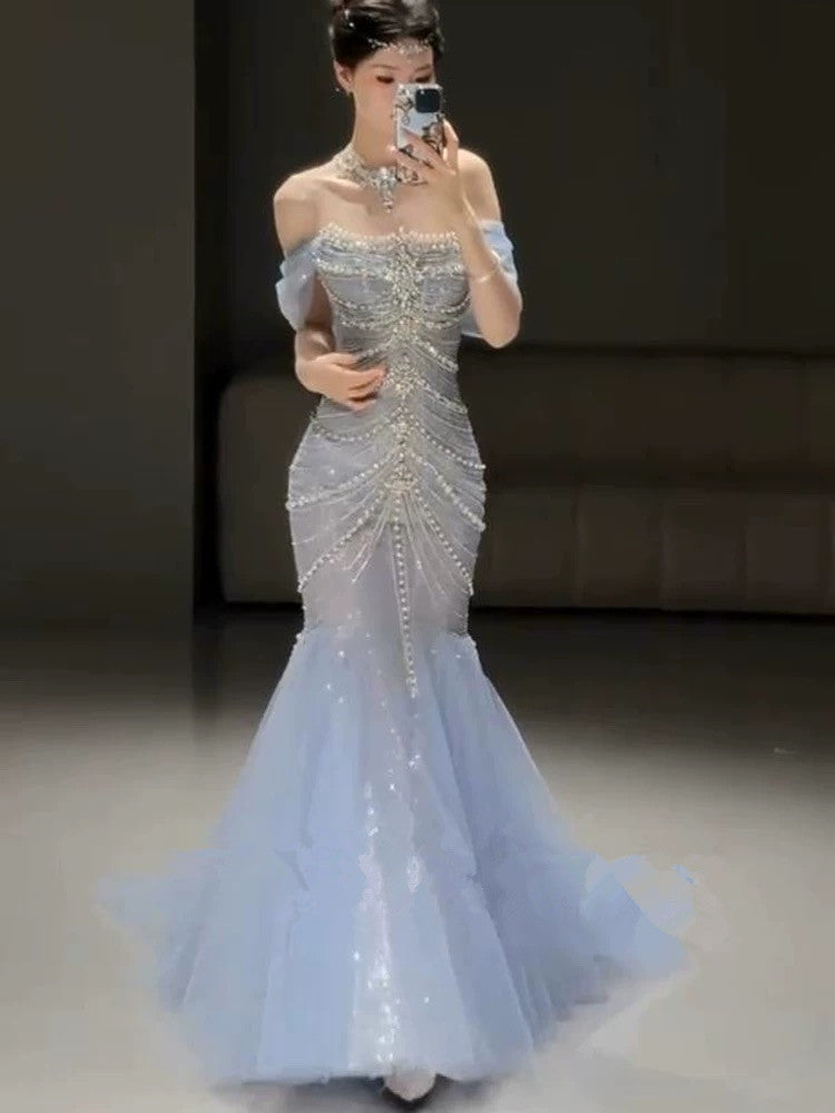Elegant Mermaid Off The Shoulder Blue Tulle Prom Dresses