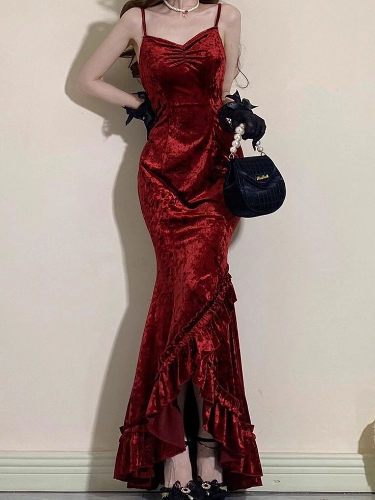 Vintage Burgundy Mermaid Ruffles Prom Dress Spaghetti Straps Long Party Dress Evening Dress