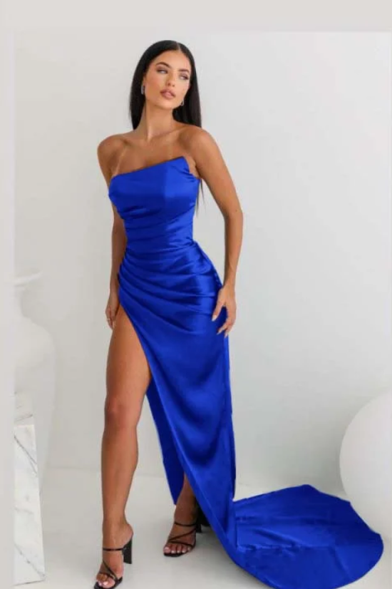 Vintage Sheath Strapless Neckline Slit Satin Long Party Dress Prom Dresses