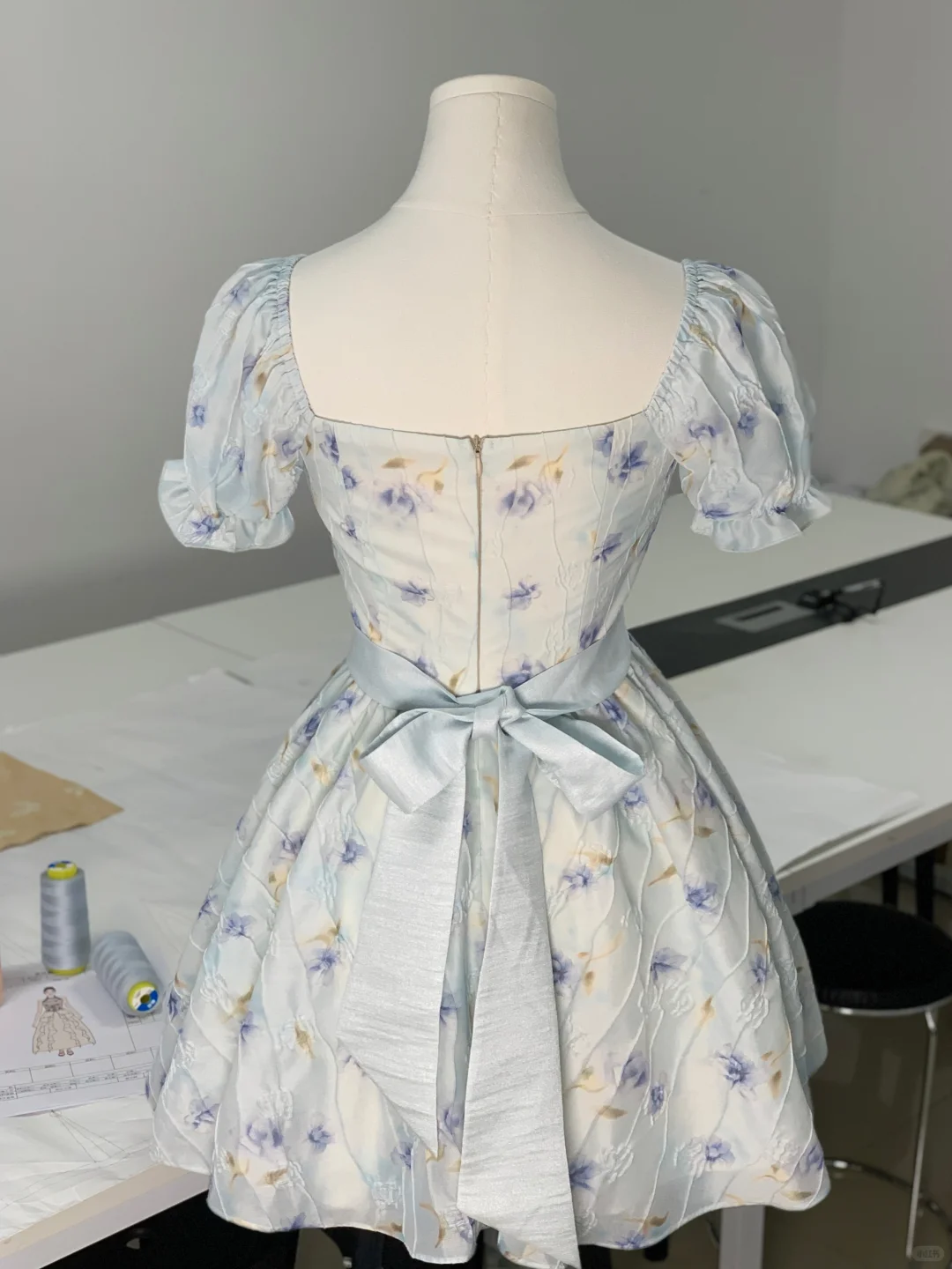 Cute Blue Chiffon Printed Floral A Line Short Prom Dress Formal Graduation Homecoming Dress