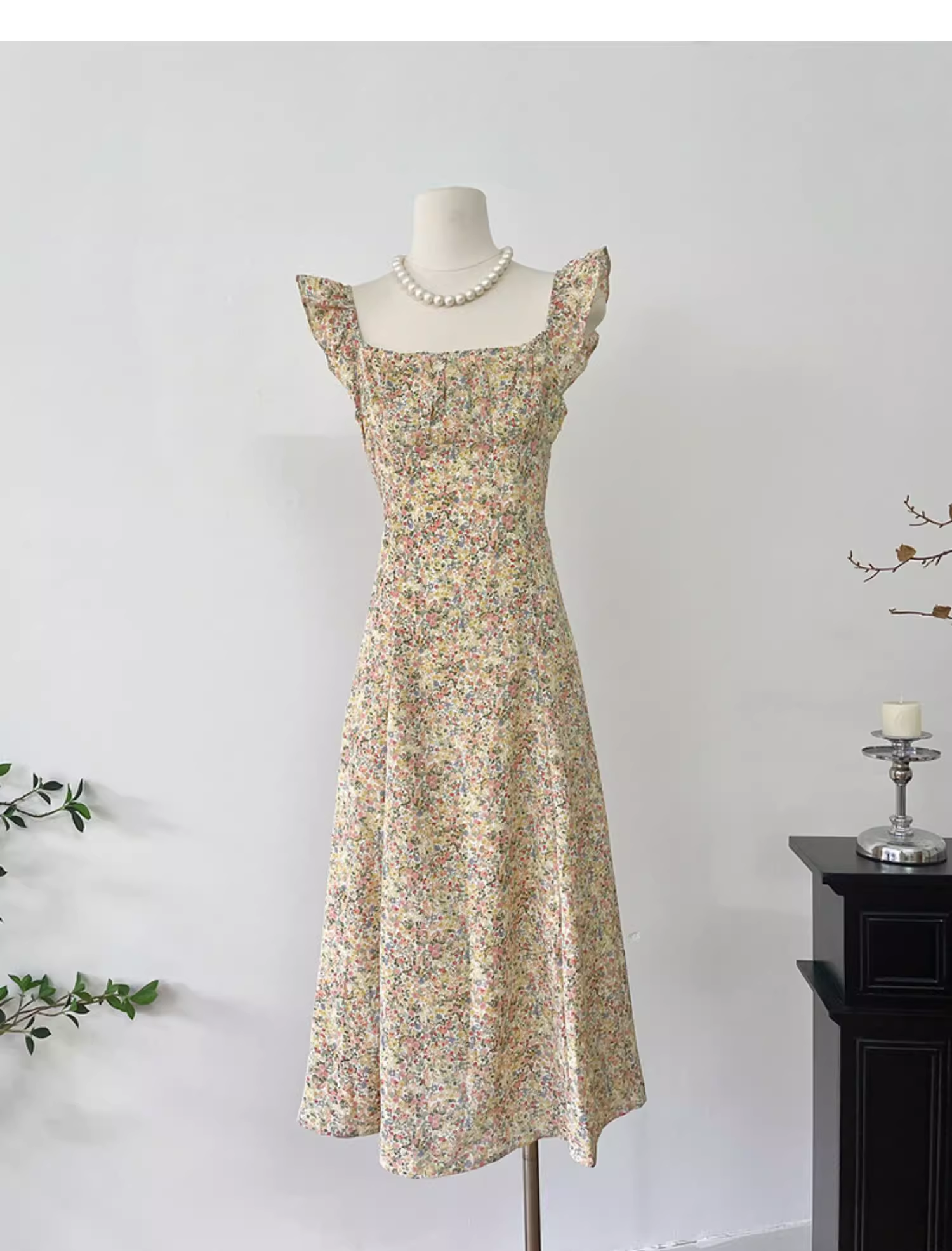 Light Yellow Floral Long Dress Vacation Dress