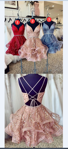 A Line V Neck Short Lace Prom Dresses, Cross Back Short Champagne Lace Formal Homecoming Dresses