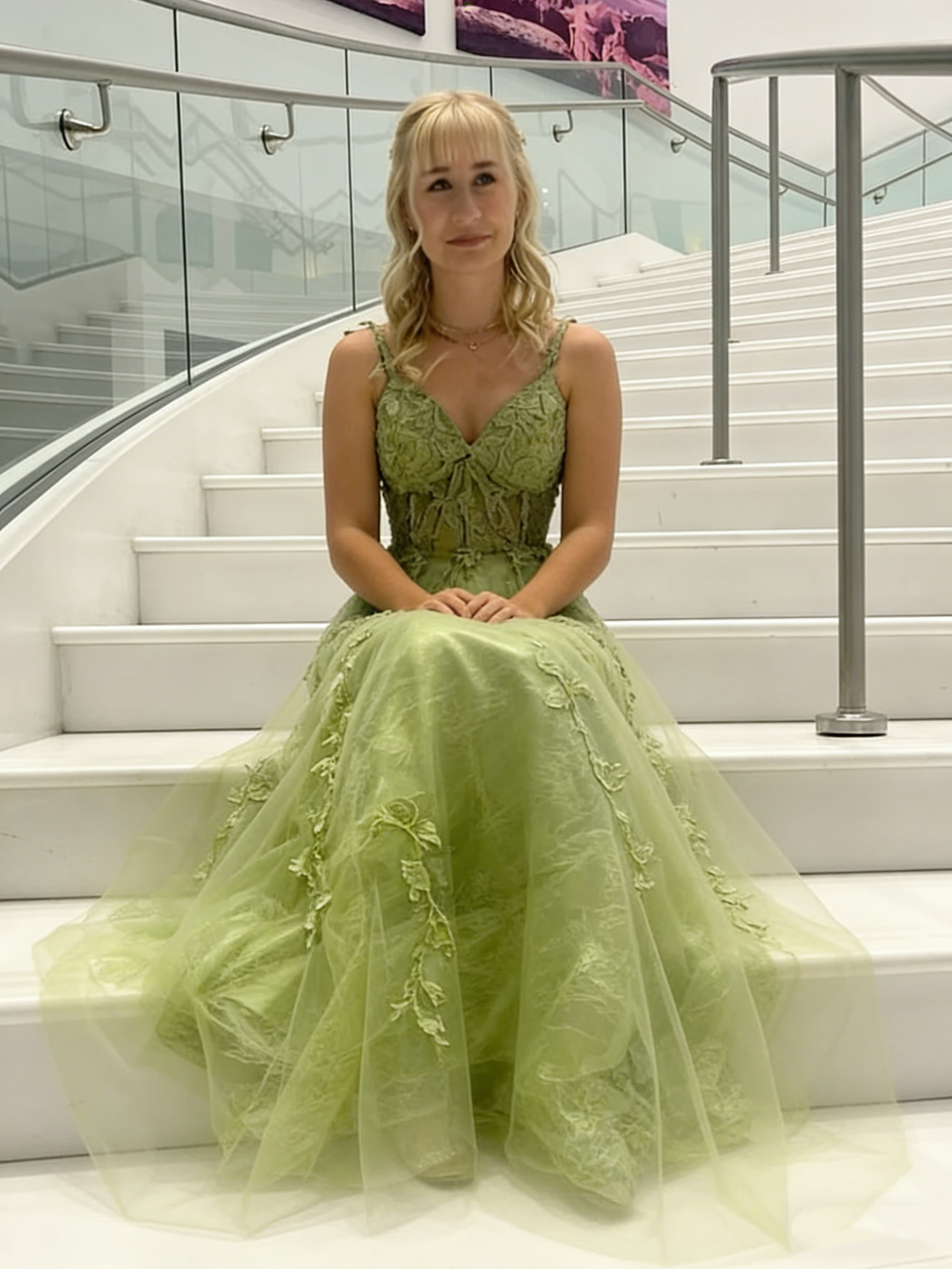 Classy Spaghetti Strap Green Tulle Appliques A Line Long Evening Dress Formal Birthday Evening Dress