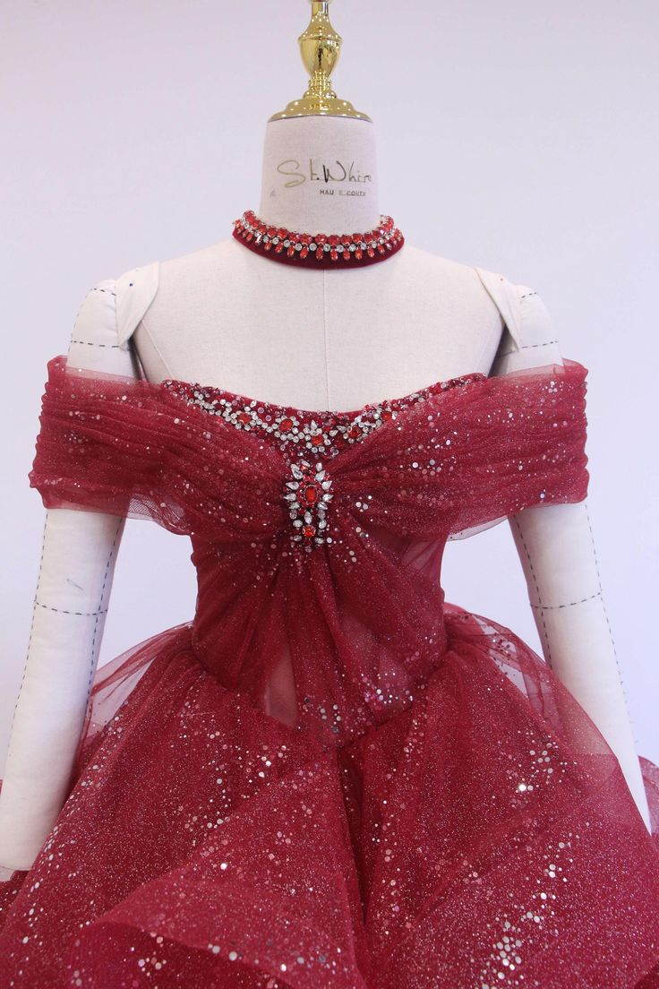 Glitter Off-Shoulder Evening Gown, Red Tulle Beaded Ball Gown Fairy Quinceanera Dress