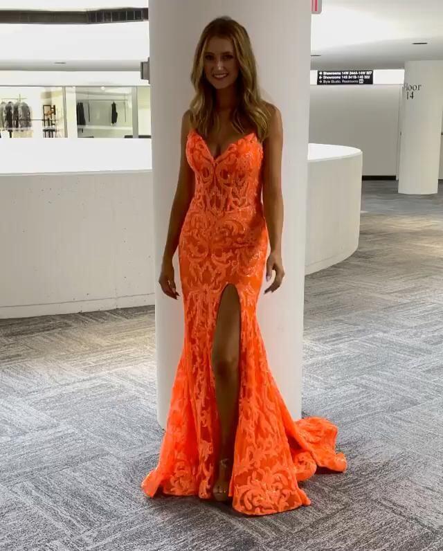 Beautiful Sheer V Neck Orange Prom Dress Lace Applique Orange Evening Dress