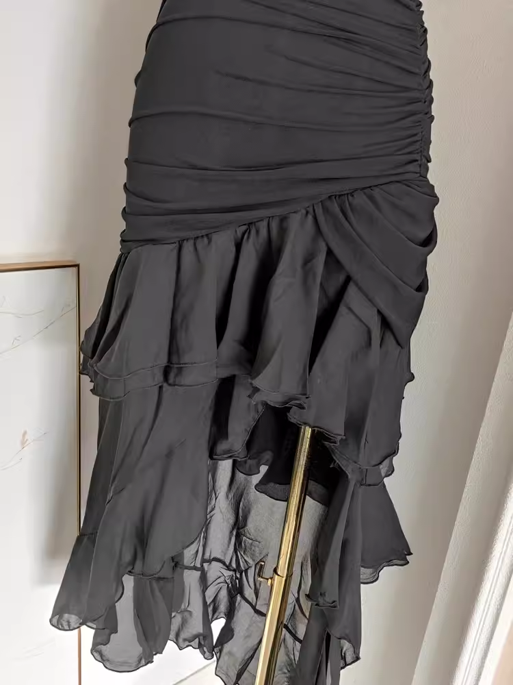 Sexy High Low Strapless Black Chiffon Ruffles Vacation Dress Women Dresses