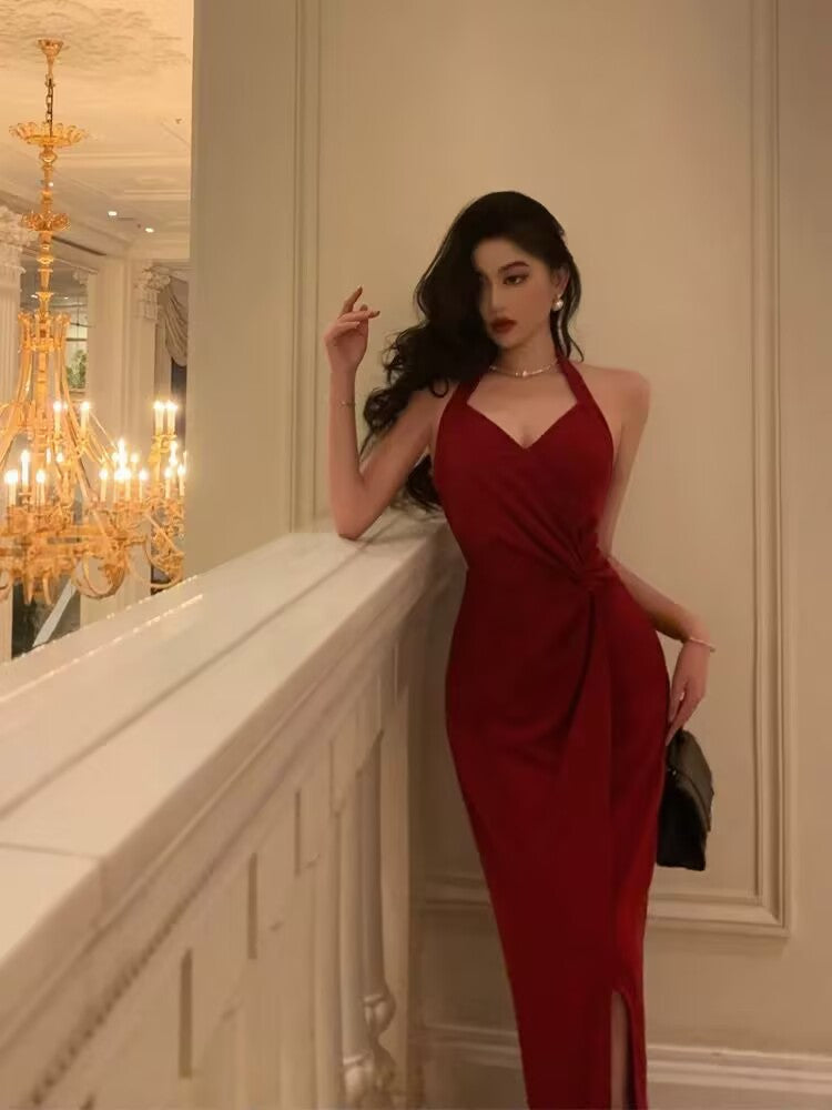 Classy Sheath Halter Red Slit Velvet Prom Dresses Birthday Outfits