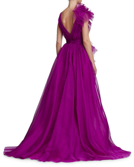 Deep V Neck Tulle Prom Dress Purple Tulle Panel Evening Dress cc05