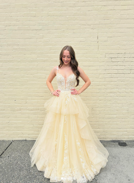 Pretty Yellow Spaghetti Straps Tulle Appliques Long Wedding Guest Dress Party Dress
