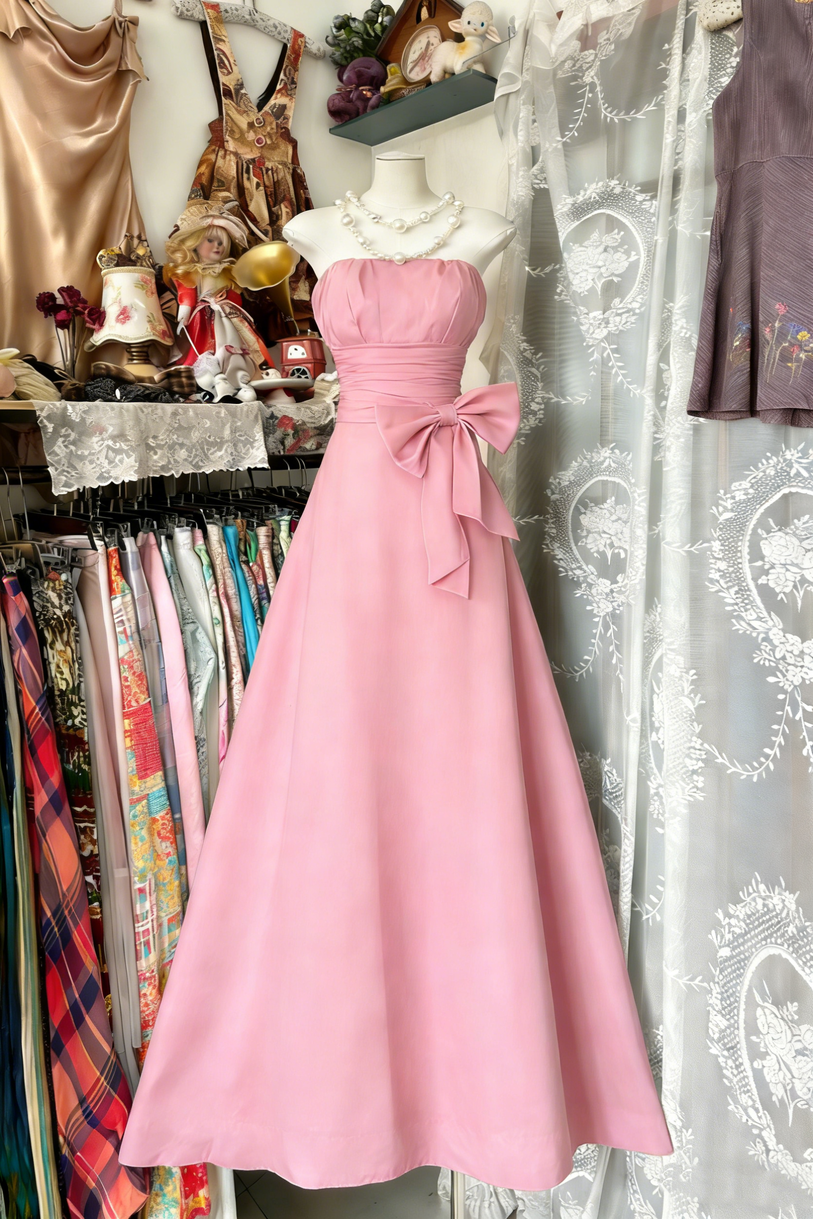 Elegant Navy Blue Strapless Satin Bow A Line Long Wedding Guest Dress Party Dress