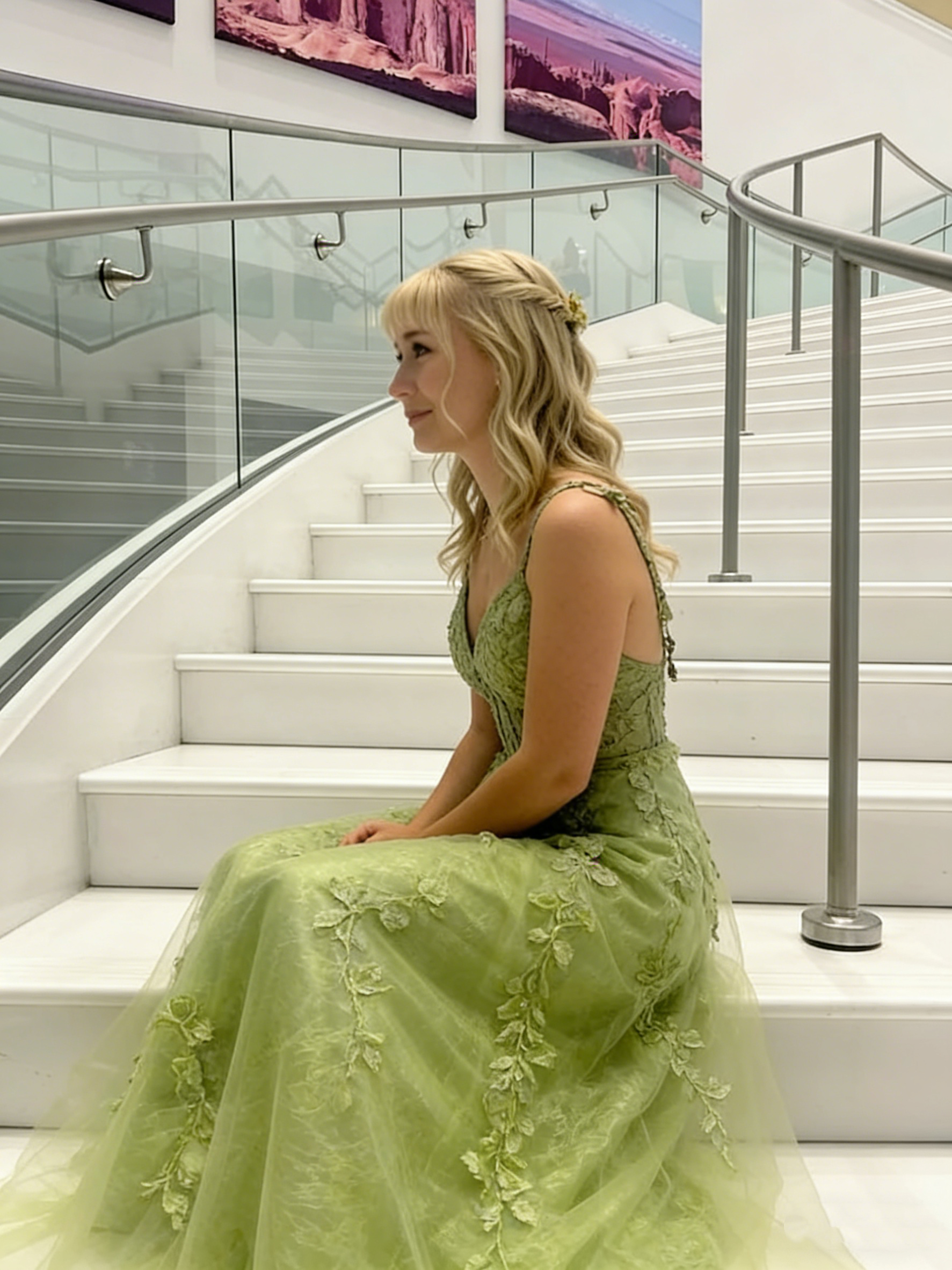 Classy Spaghetti Strap Green Tulle Appliques A Line Long Evening Dress Formal Birthday Evening Dress