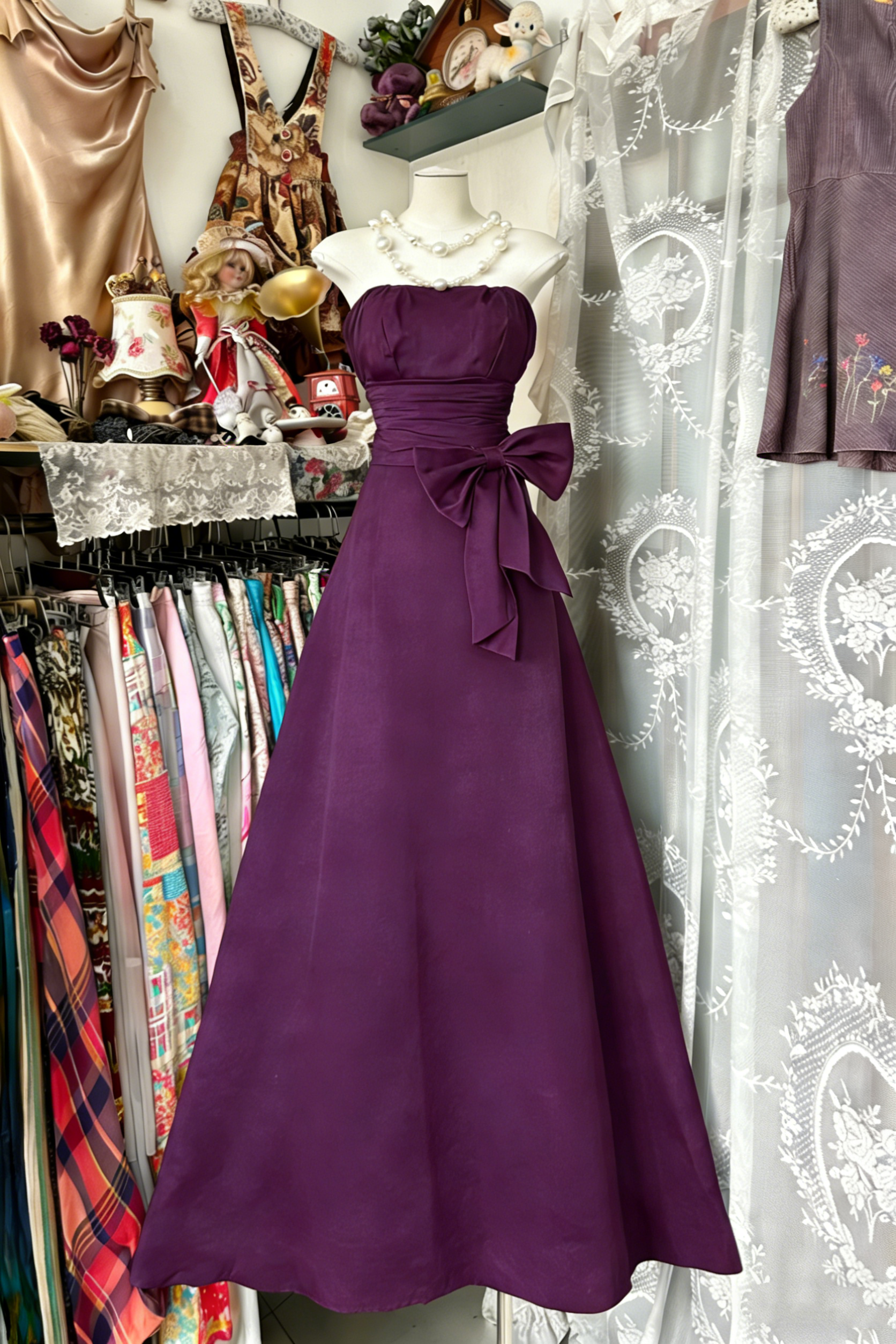Elegant Navy Blue Strapless Satin Bow A Line Long Wedding Guest Dress Party Dress