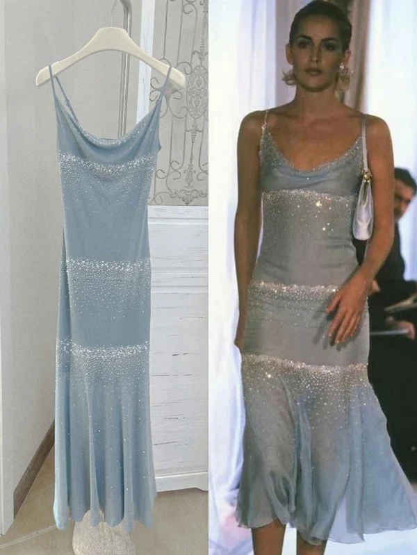 Beautiful Spaghetti Straps Blue Chiffon Beaded Evening Dress,Formal Prom Party Dress