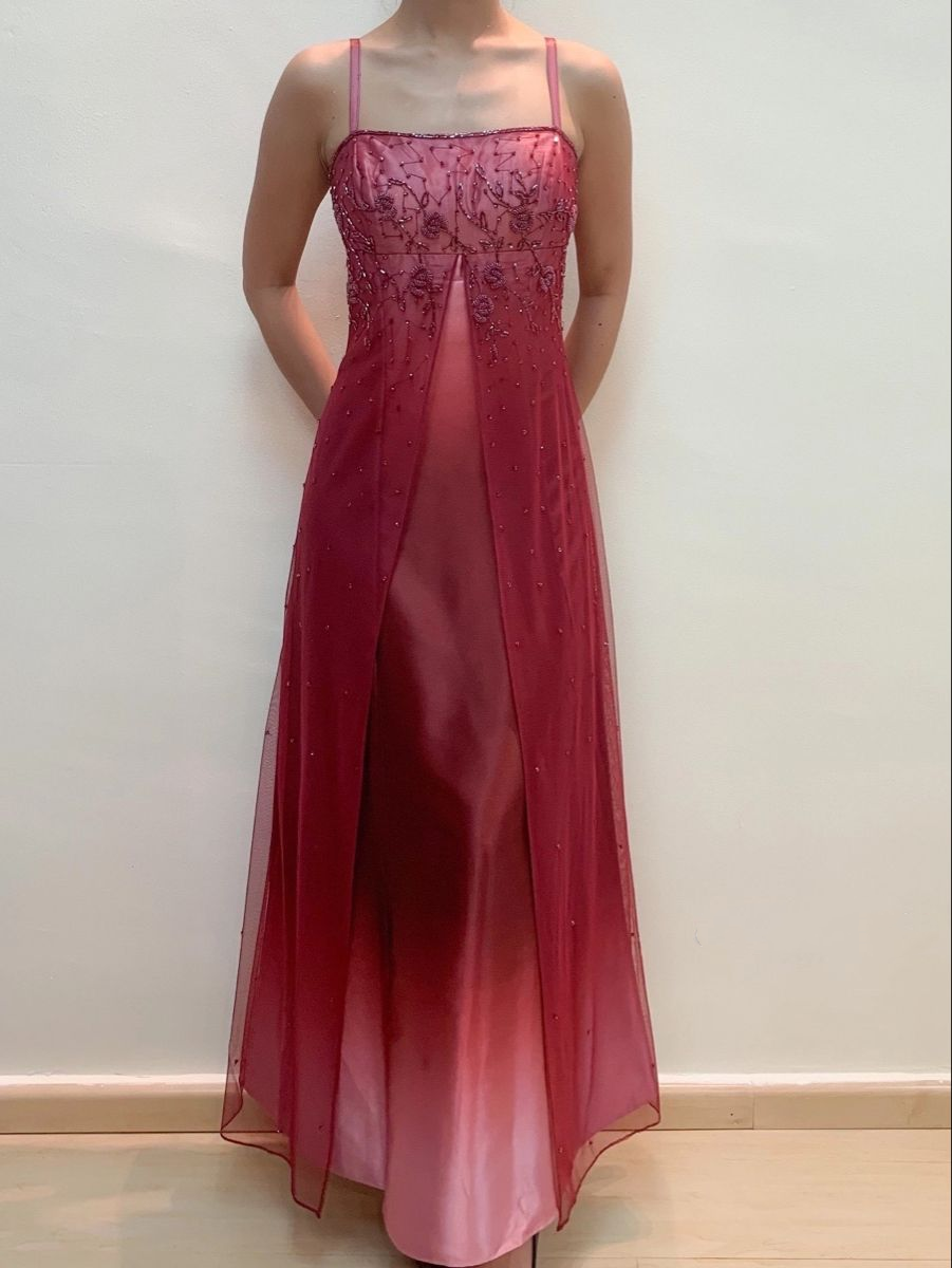 Pretty Spaghetti Straps Ombre Hot Pink Satin Beaded A Line Long Evening Dress Birthday Party Dress