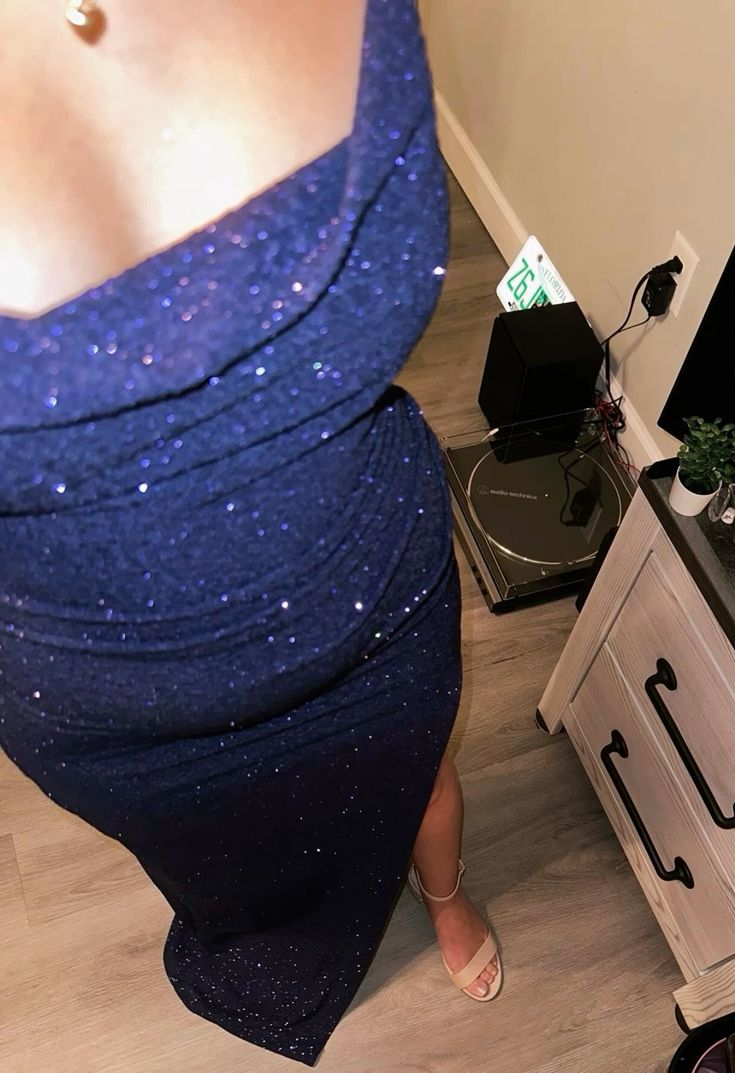 Pretty Spaghetti Straps Navy Blue Sequin Slit Evening Dress Long Wedding Guest Dress Prom Dress