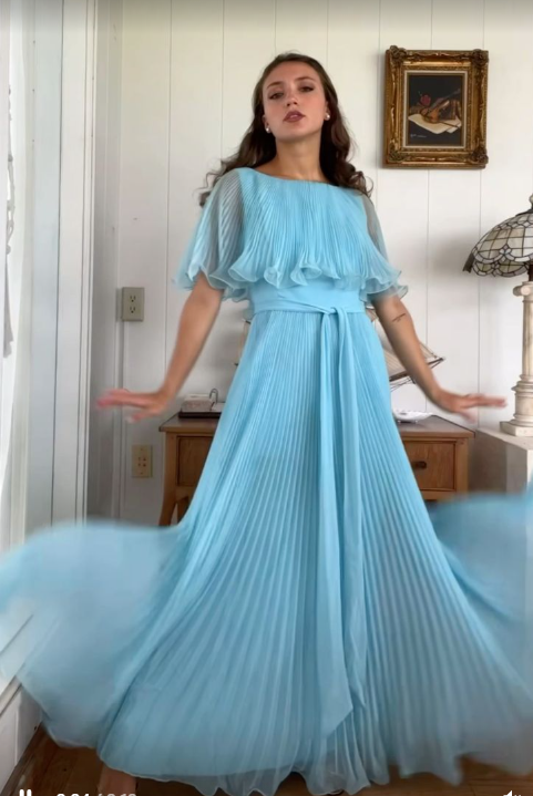 Elegant Blue Pleated A Line Prom Dress Formal Party Evening Dress