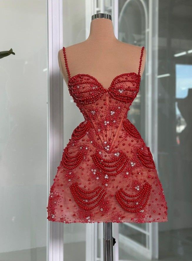 Gorgeous Spaghetti Straps Red Sweetheart Neck Tulle Beaded A Line Graduation Homecoming Dress Short Prom Dress