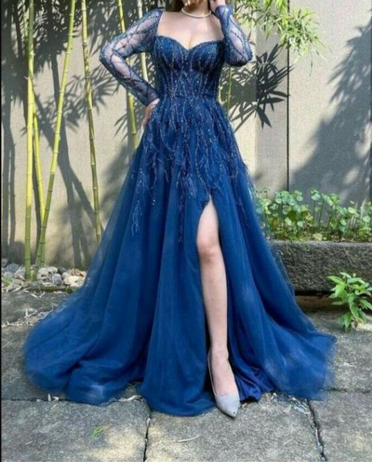 Luxurious Blue Slit Long Party Dress Evening Dress With Feathers