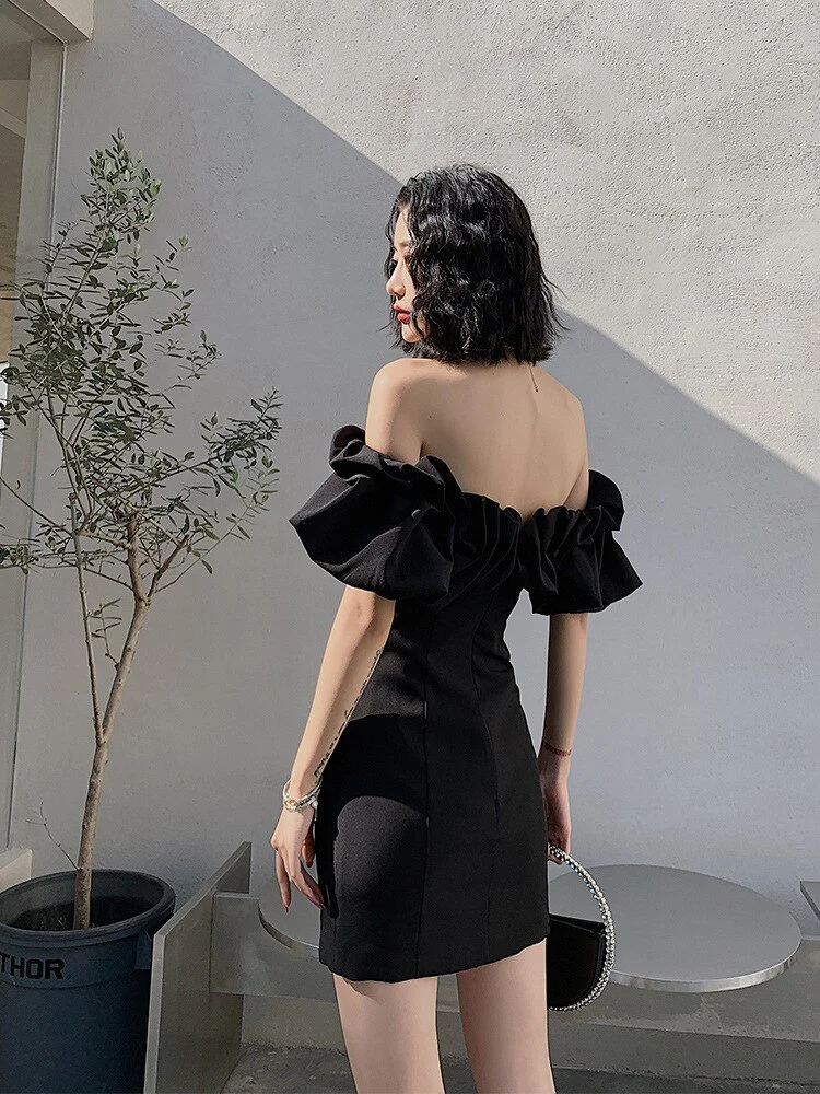 Black White Women Short Dress Pretty Mini Party Dress Ruffules Neckline Homecoming Dress