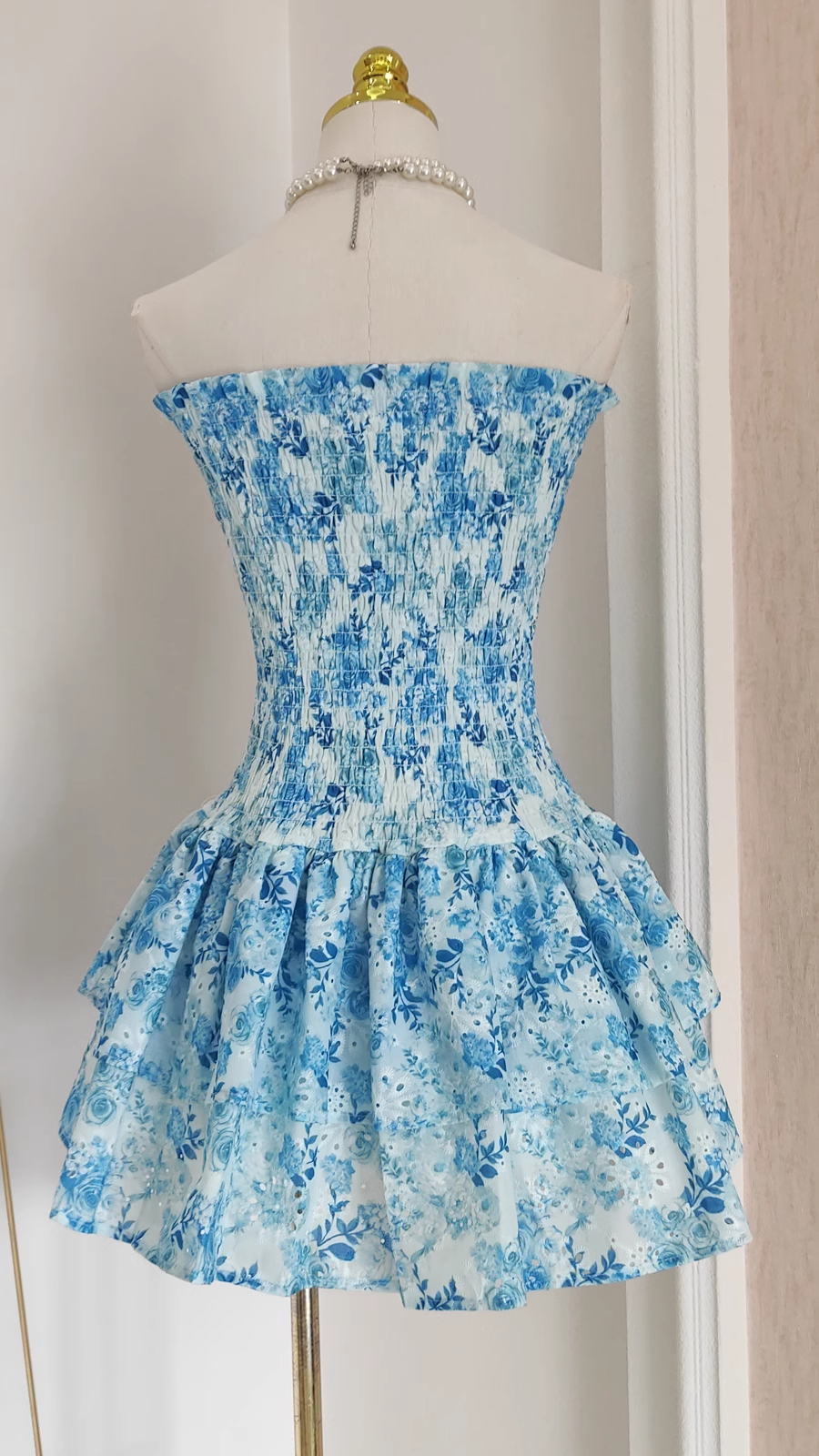 Cute A line Strapless Sleeveless Blue Floral Party Dress Short Birthday Outfits