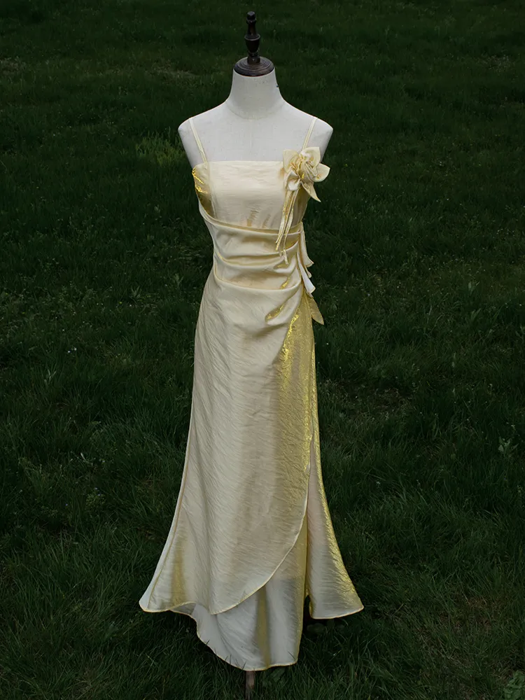 Vintage Yellow Floral Embellished Evening Gown Fairy Princess Party Evening Dress