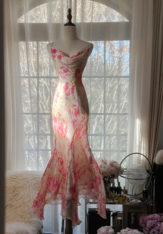 Glamorous Spaghetti Straps Chiffon Print Floral Mermaid Evening Dress Pink Long Party Dress