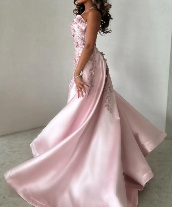 Pretty Pink Strapless Satin Appliques Beaded Formal Prom Dress,Long A Line Party Evening Gown