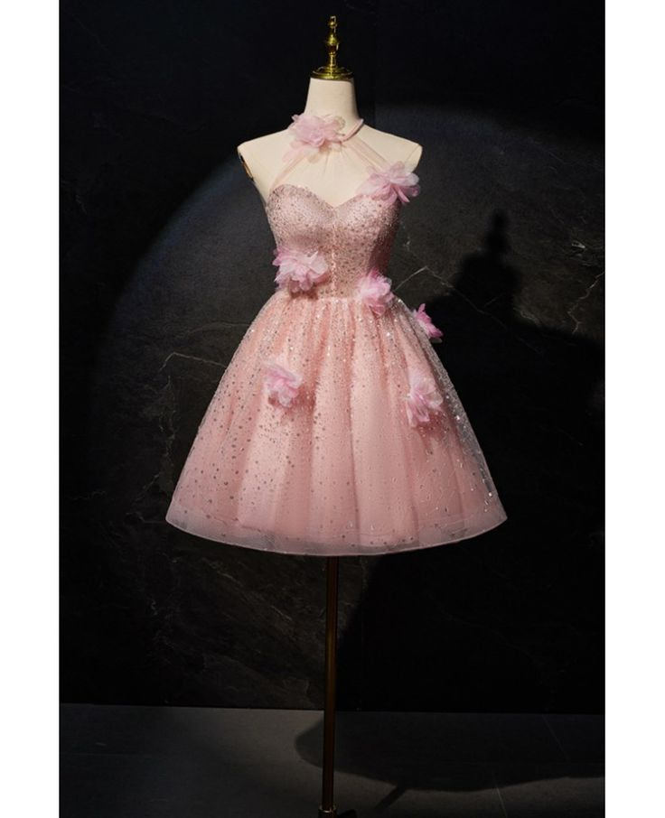 Cute Pink Tulle Sequin Flowers Short Birthday Outfits Homecoming Dress