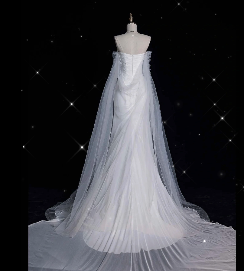 Vintage Mermaid Strapless Tulle Long White Wedding Dresses