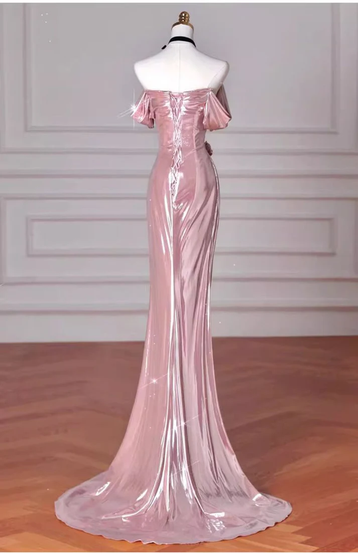 Charming Pink Mermaid Strapless Long Prom Dress,Off The Shoulder Evening Dress