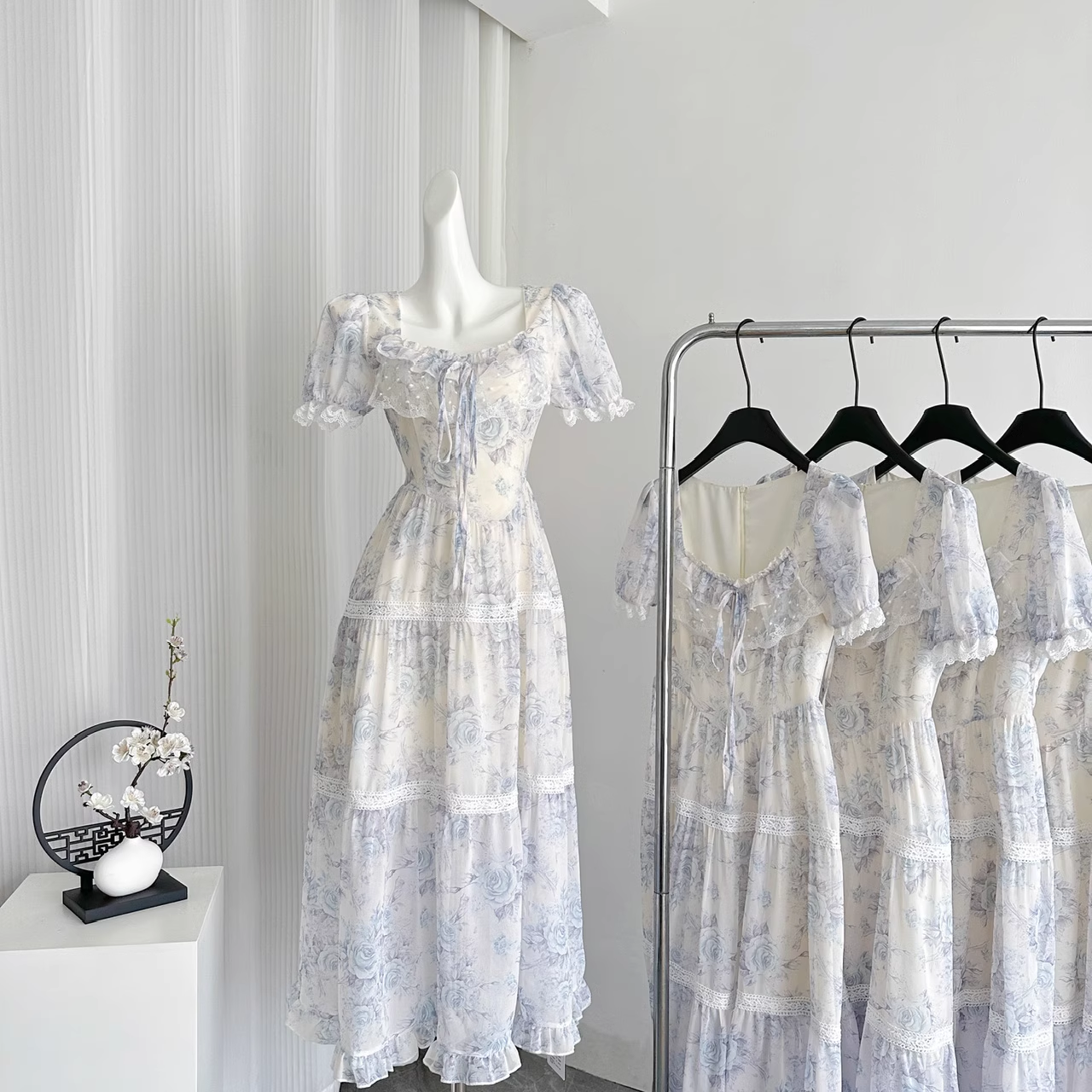Cute A line Strapless Short Sleeves Blue Floral Dress Long Holiday Dresses