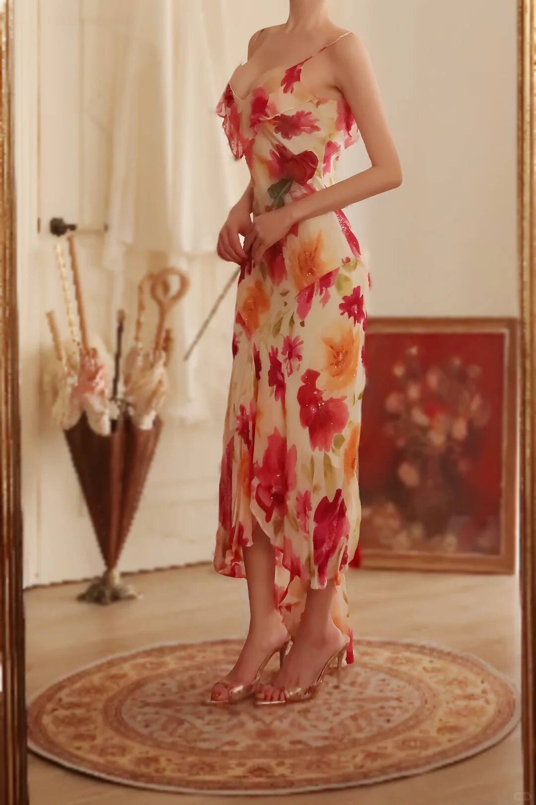 Pretty Chiffon Print Floral Beaded Mermaid Evening Dress Long Formal Party Dress
