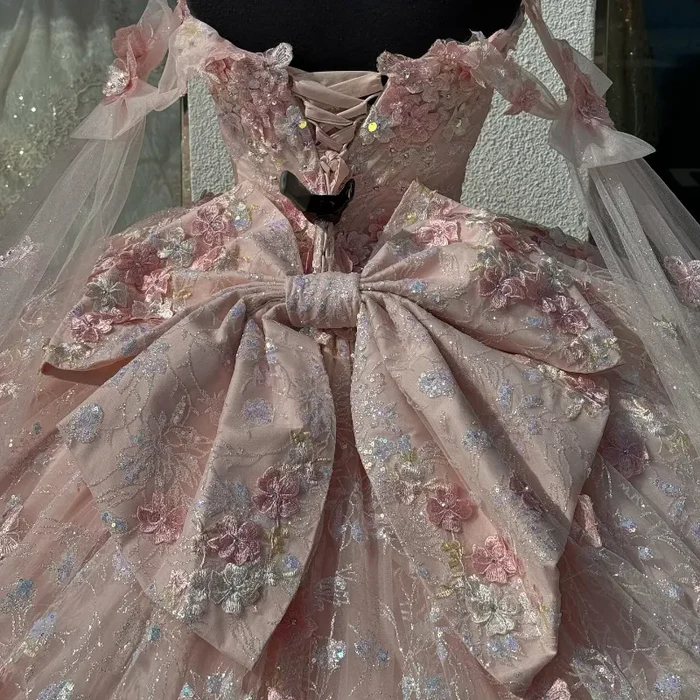 Pretty Pink Off The Shoulder Tulle Lace Appliques Quinceanera Dress Sweet 16 Dress With Bow